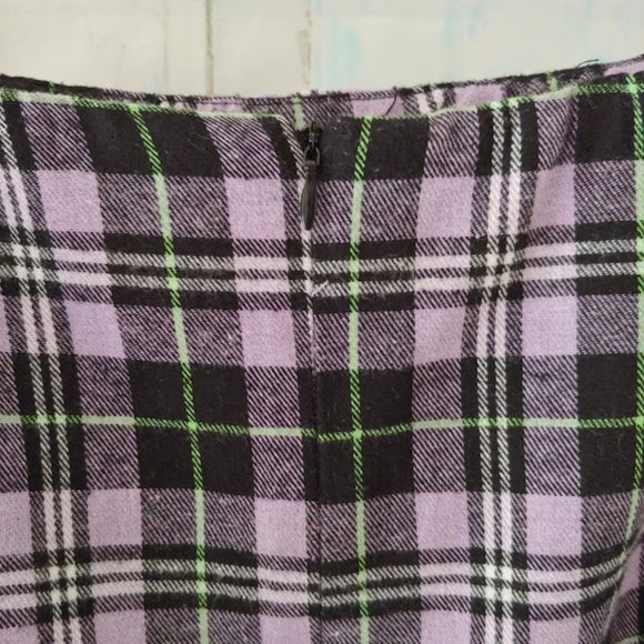 Motel plaid flannel slight spandex lined zipper skirt/L/purple green black - Picture 4 of 8